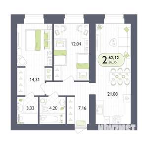 2-к квартира, вторичка, 62м2, 2/14 этаж