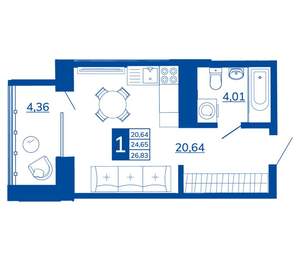 1-к квартира, вторичка, 26м2, 4/17 этаж
