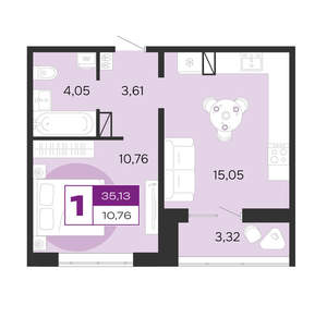 1-к квартира, вторичка, 35м2, 2/10 этаж