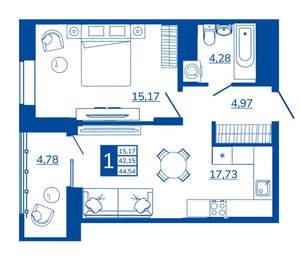 1-к квартира, вторичка, 44м2, 7/17 этаж