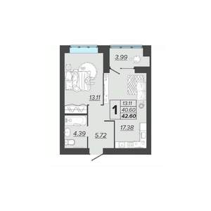 1-к квартира, вторичка, 43м2, 9/9 этаж