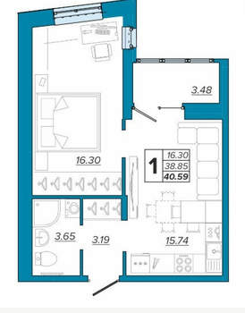 1-к квартира, вторичка, 41м2, 14/16 этаж