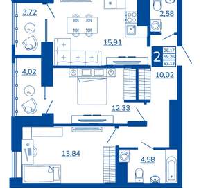 2-к квартира, вторичка, 63м2, 6/17 этаж