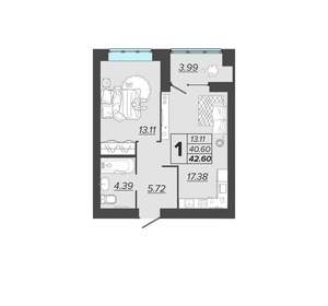 1-к квартира, вторичка, 43м2, 8/15 этаж