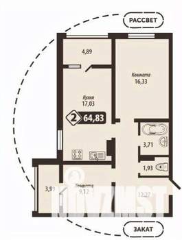 2-к квартира, строящийся дом, 65м2, 2/16 этаж