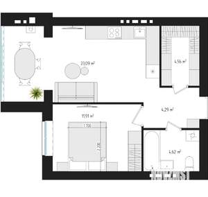 1-к квартира, сданный дом, 48м2, 2/4 этаж