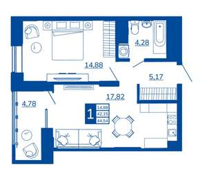 1-к квартира, вторичка, 44м2, 7/17 этаж