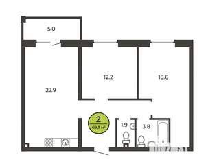 2-к квартира, сданный дом, 69м2, 1/9 этаж