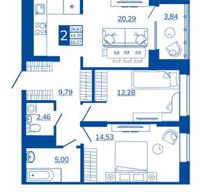 2-к квартира, вторичка, 66м2, 3/17 этаж
