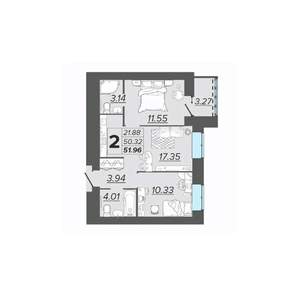 2-к квартира, вторичка, 52м2, 15/15 этаж