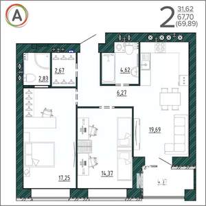 2-к квартира, вторичка, 70м2, 6/9 этаж