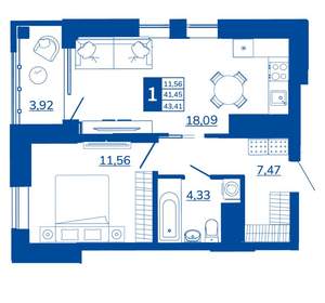 1-к квартира, вторичка, 43м2, 4/17 этаж