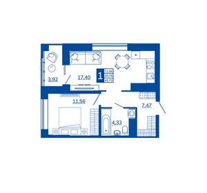 1-к квартира, вторичка, 42м2, 14/17 этаж