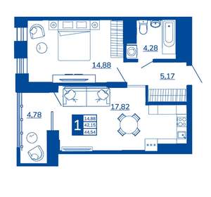 1-к квартира, вторичка, 44м2, 13/17 этаж