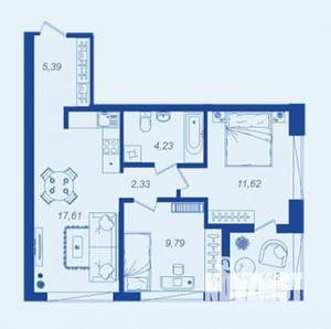 2-к квартира, вторичка, 53м2, 3/17 этаж