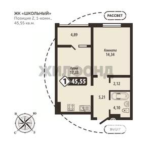 1-к квартира, строящийся дом, 46м2, 15/16 этаж