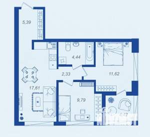 2-к квартира, вторичка, 53м2, 2/17 этаж