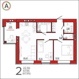 2-к квартира, вторичка, 68м2, 5/9 этаж