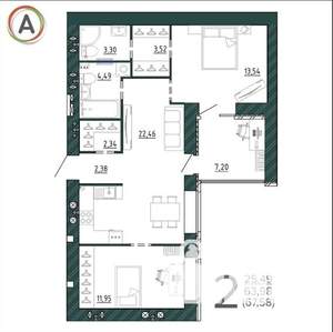 2-к квартира, сданный дом, 68м2, 9/9 этаж