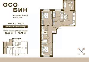 3-к квартира, строящийся дом, 76м2, 12/16 этаж
