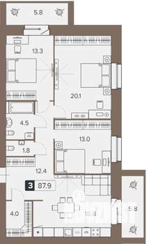 3-к квартира, строящийся дом, 88м2, 8/9 этаж