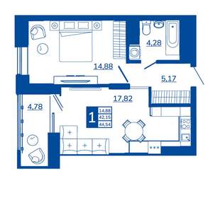 1-к квартира, вторичка, 44м2, 8/17 этаж