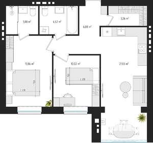 2-к квартира, строящийся дом, 63м2, 3/4 этаж