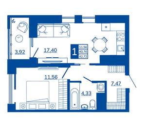 1-к квартира, вторичка, 42м2, 9/17 этаж