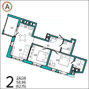 2-к квартира, вторичка, 62м2, 11/16 этаж