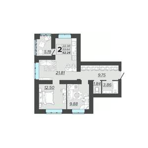 2-к квартира, вторичка, 62м2, 4/9 этаж