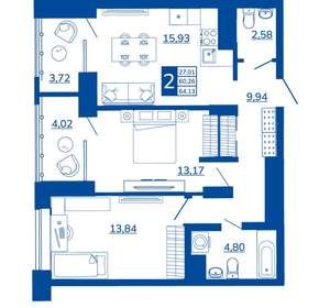 2-к квартира, вторичка, 64м2, 2/17 этаж