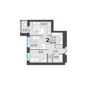 2-к квартира, вторичка, 55м2, 3/9 этаж