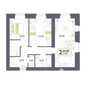 2-к квартира, вторичка, 64м2, 4/14 этаж