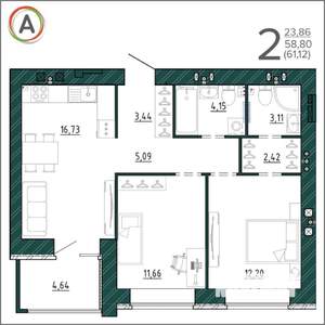 2-к квартира, вторичка, 61м2, 5/9 этаж