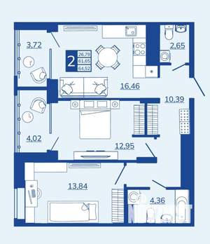 2-к квартира, вторичка, 65м2, 3/17 этаж