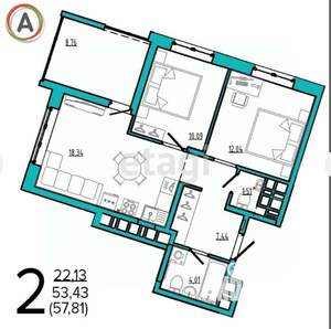2-к квартира, вторичка, 58м2, 1/16 этаж