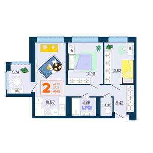 2-к квартира, вторичка, 61м2, 15/16 этаж