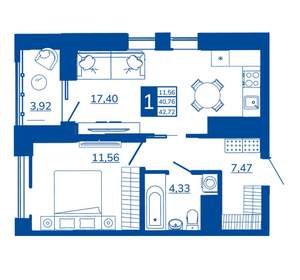 1-к квартира, вторичка, 42м2, 6/17 этаж