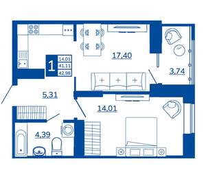 1-к квартира, вторичка, 42м2, 11/17 этаж