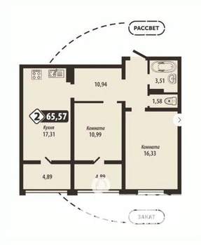 2-к квартира, строящийся дом, 66м2, 15/16 этаж