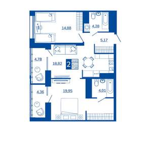 2-к квартира, вторичка, 71м2, 14/17 этаж