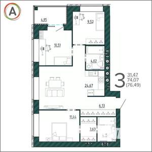 3-к квартира, вторичка, 76м2, 6/9 этаж