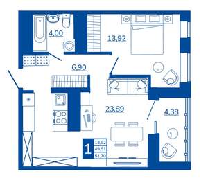 1-к квартира, вторичка, 51м2, 14/17 этаж
