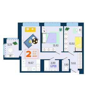 2-к квартира, вторичка, 61м2, 16/16 этаж