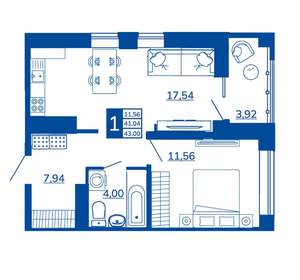 1-к квартира, вторичка, 43м2, 13/17 этаж