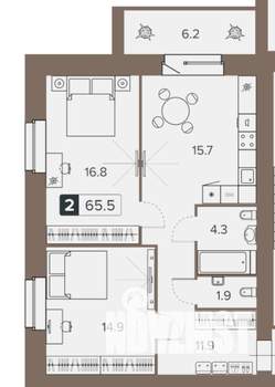 2-к квартира, строящийся дом, 67м2, 1/9 этаж