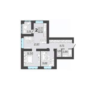 2-к квартира, вторичка, 62м2, 8/9 этаж