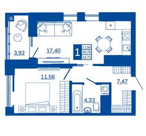 1-к квартира, вторичка, 42м2, 10/17 этаж