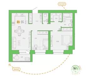 2-к квартира, сданный дом, 68м2, 1/9 этаж