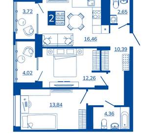 2-к квартира, вторичка, 63м2, 16/17 этаж